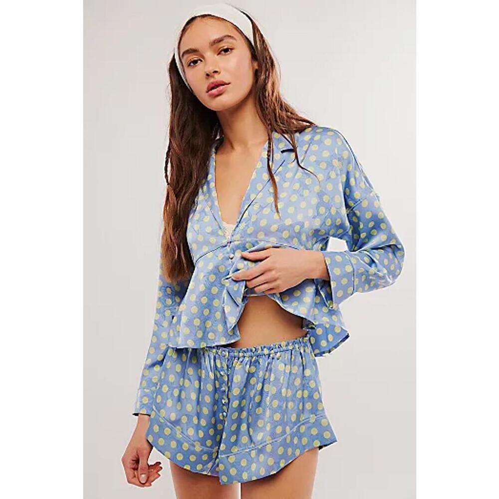 Free People Blue and Yellow Polka Dot Satin Pajama Set